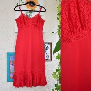 70s cherry red floral lace pleated midi lingerie slip dress (M)